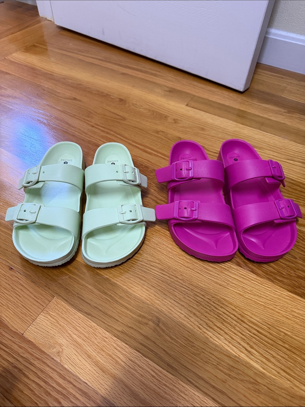 Shade & Shore Double Buckle Slide Sandals - Pink and Light Green
